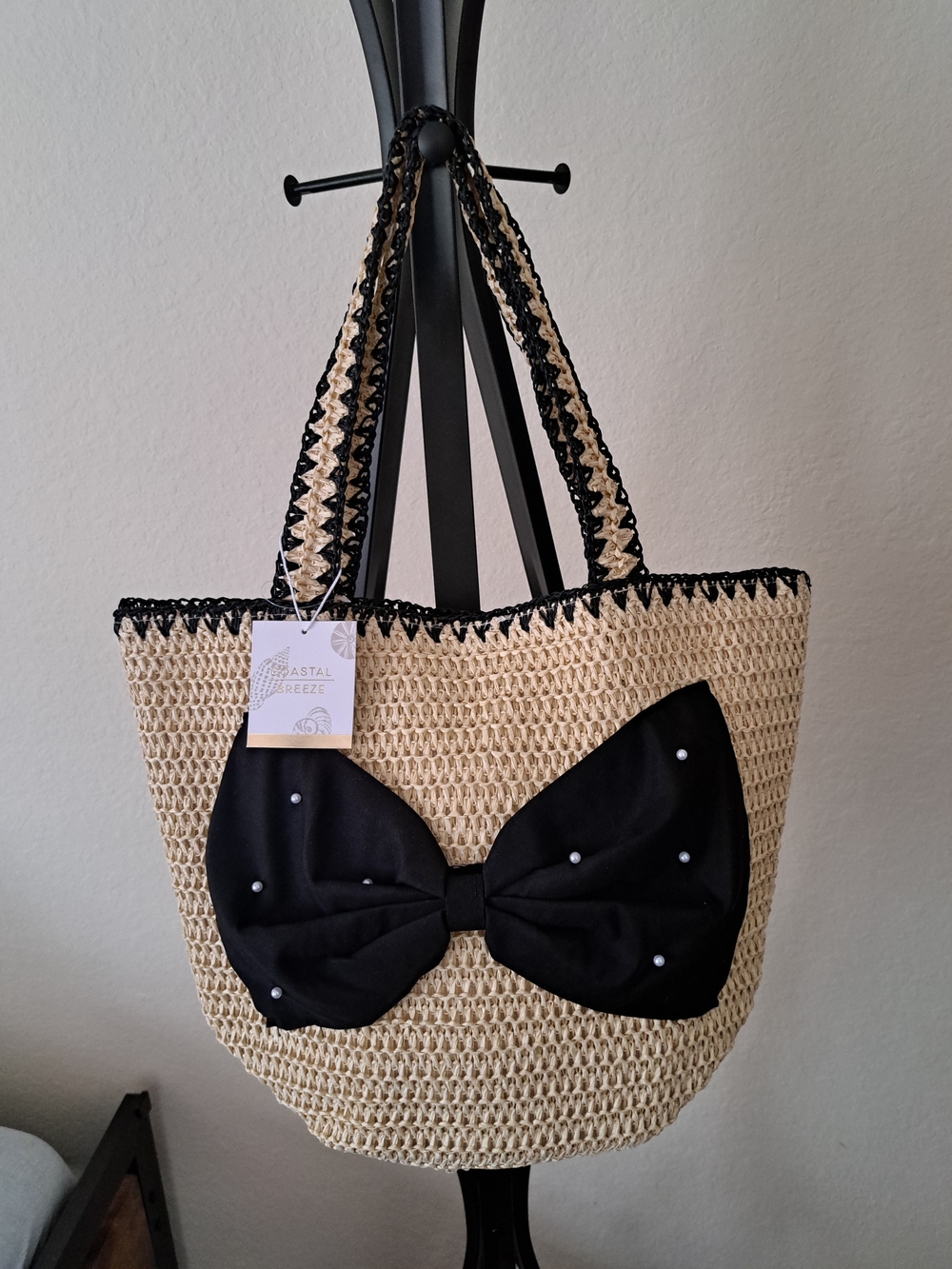 Women’s Cream Straw Tote with Black Bow - Picture 2 of 5